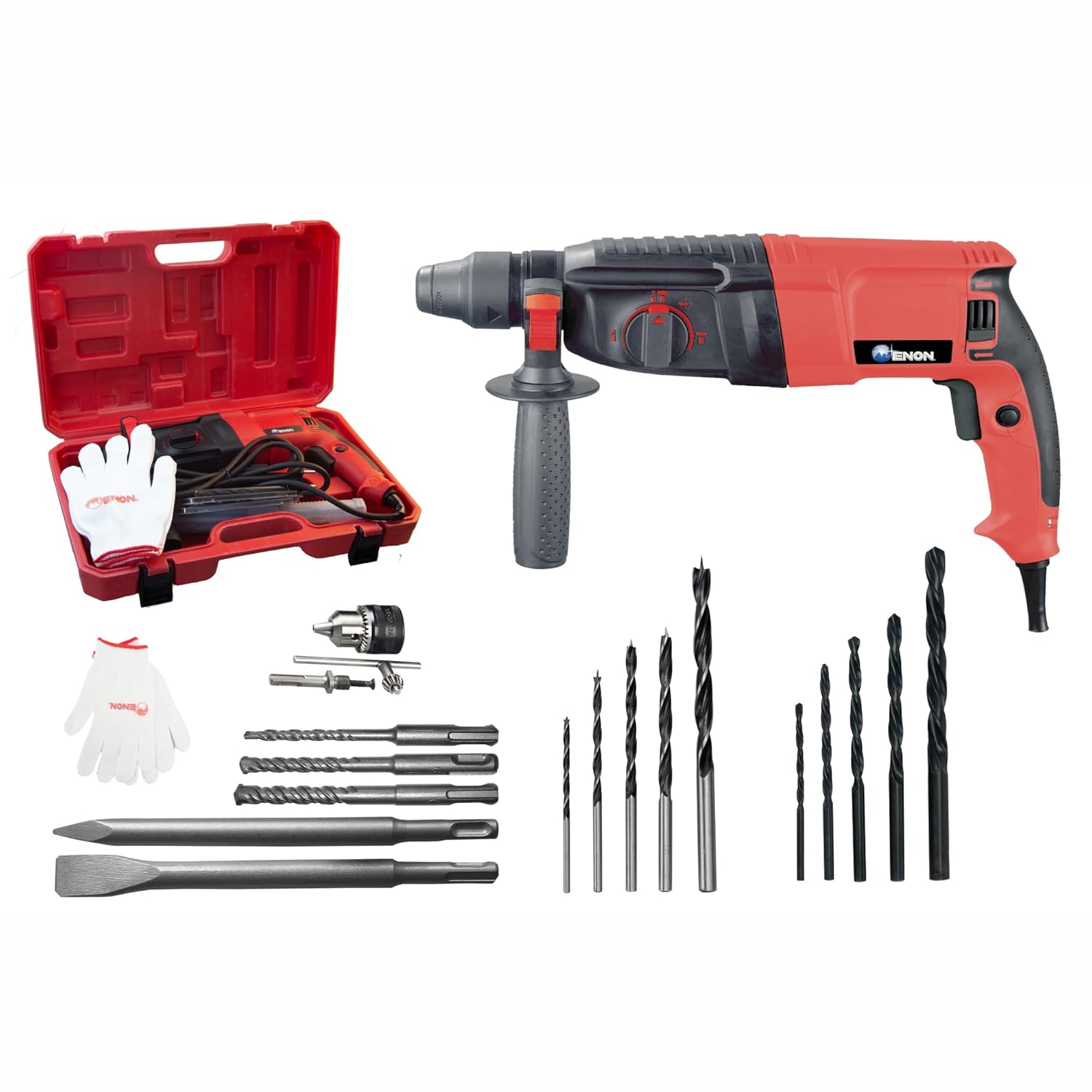 ENON 26Mm Hammer Drill Machine 800W, Reversible & Variable Speed Hammer Drill With Three Functions, 1100 Rpm With Drill Chuck Adaptor & Screwdriver Bits, Heavy Duty (Xe-2261), Red & Black ENON 26Mm Hammer Drill Machine 800W, Reversible & Variable Speed Hammer Drill With Three Functions, 1100 Rpm With Drill Chuck Adaptor & Screwdriver Bits, Heavy Duty (Xe-2261), Red & Black